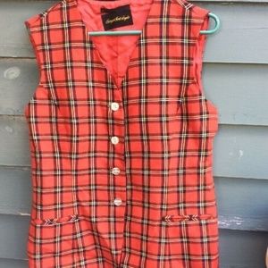 Vest Long Button Front Red Plaid Lined Pockets